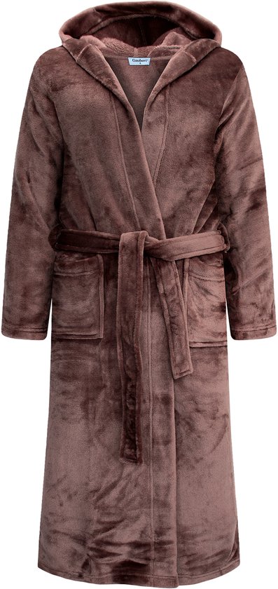 Bruine lange fleece badjas met capuchon, ceintuur en zakken.