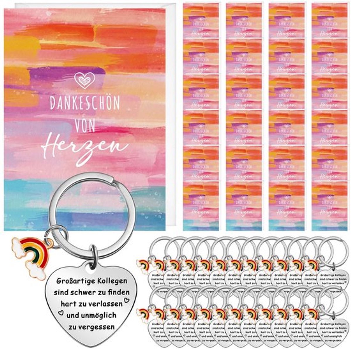 Afscheidscadeaus Set van 25 - Sleutelhangers - Bedankkaarten - Witte Enveloppen - Afscheidsfeest - Dankbaarheidsgeschenk - Roestvrij Staal - Collegacadeaus