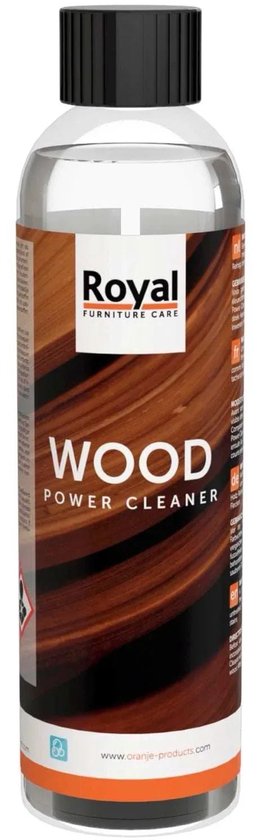 Fles Royal Wood Power Cleaner met houtlook etiket, zwarte dop en productinformatie.