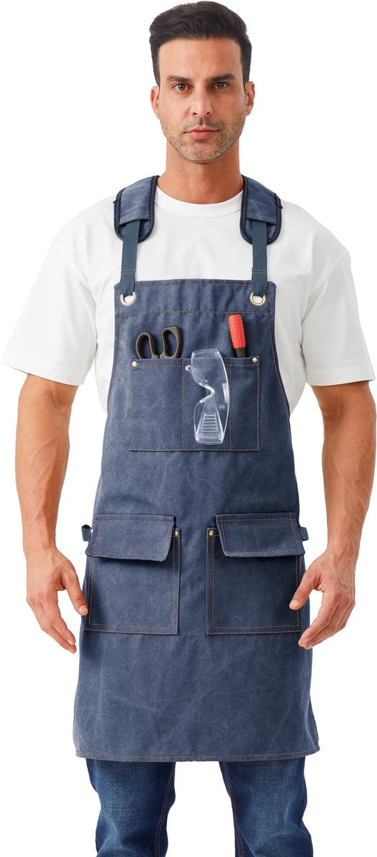 SnelShoppen - Heren canvas schorten waterdicht werkschorten met zakken voor tuin, industrie en schilderen, blauw, Eén maat