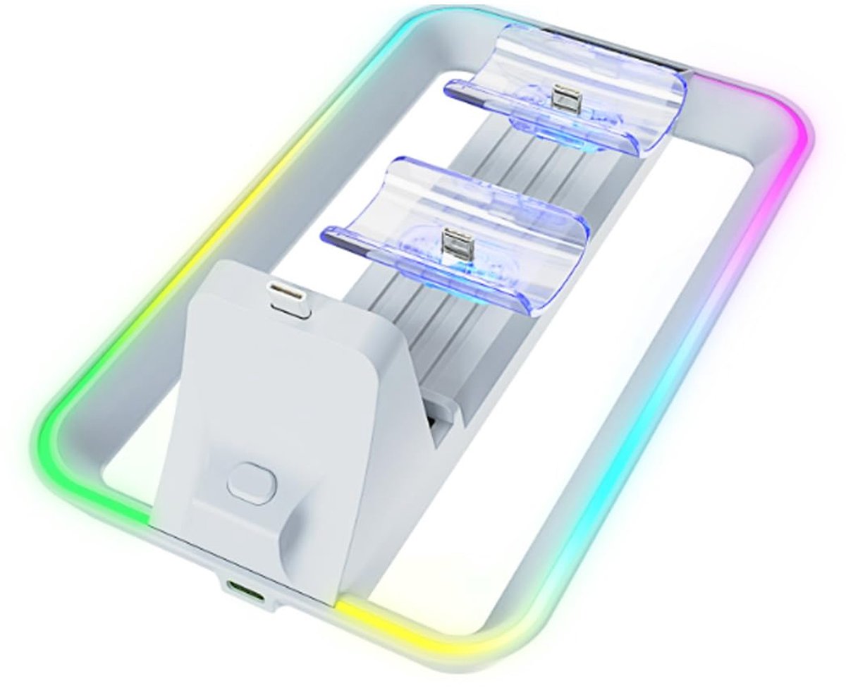SnelShoppen - Gutol PS Handheld & P5 Controller Oplaadstation met RGB-verlichting, Voor PS5 & Gaming, Inclusief Snellader, Compact & Stijlvol Design