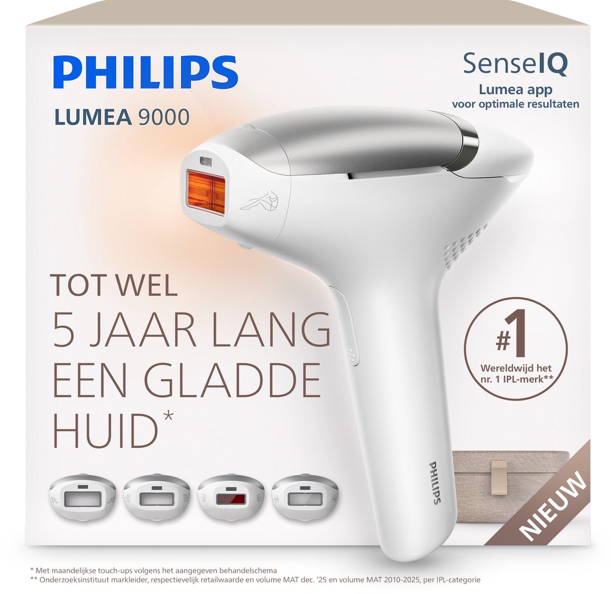 Philips Lumea 9000 Series IPL Ontharingsapparaat – Tot 5 Jaar Lang een Gladde Huid, Persoonlijke App-begeleiding en 4 Opzetstukken voor Lichaam, Gezicht, Bikinilijn & Oksels, BRI983/00