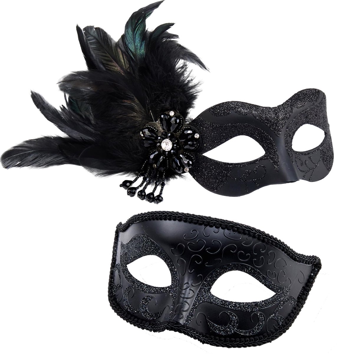 SnelShoppen - Zwarte Maskerade Masker Set voor Koppels - Dames Masker met Veren en Mannen Kostuum Maskers - Perfect voor Halloween, Mardi Gras, Cospla