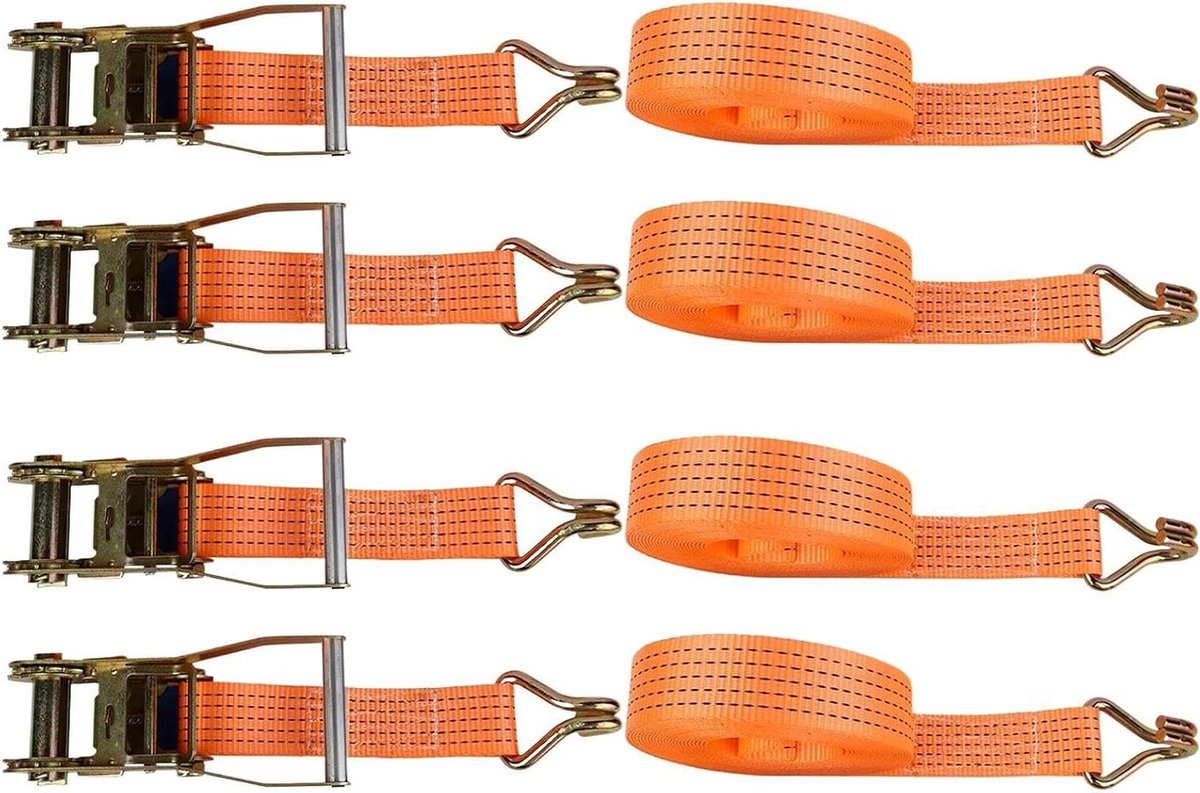 Wielspanbanden Set - Spanbanden Aanhanger - Voertuig Transport - Veilig Ratelsysteem - 4 Delig - Zwart
