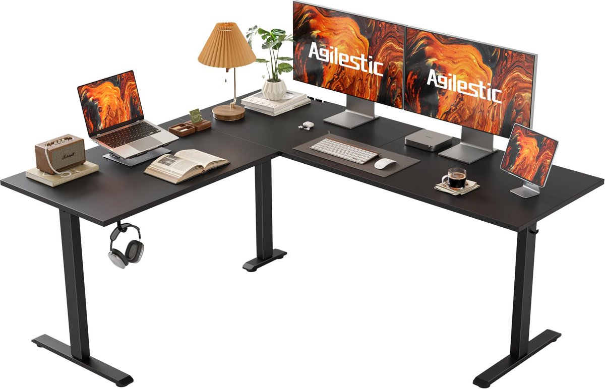 SnelShoppen - Hoogte Verstelbaar Bureau L-vormig 160x140 cm Elektrisch Hoekbureau Ergonomisch Zit-Sta Tafel Computerbureau Zwart