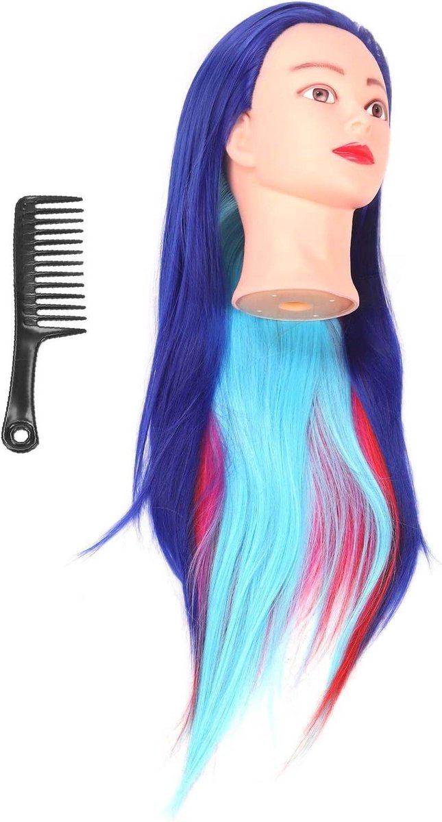 Trainingshoofd Haar - Oefenhoofd Kapper - Haar Stylen - Hittebestendig Fiber Haar - 27 x 25 x 16 cm - Multicolor