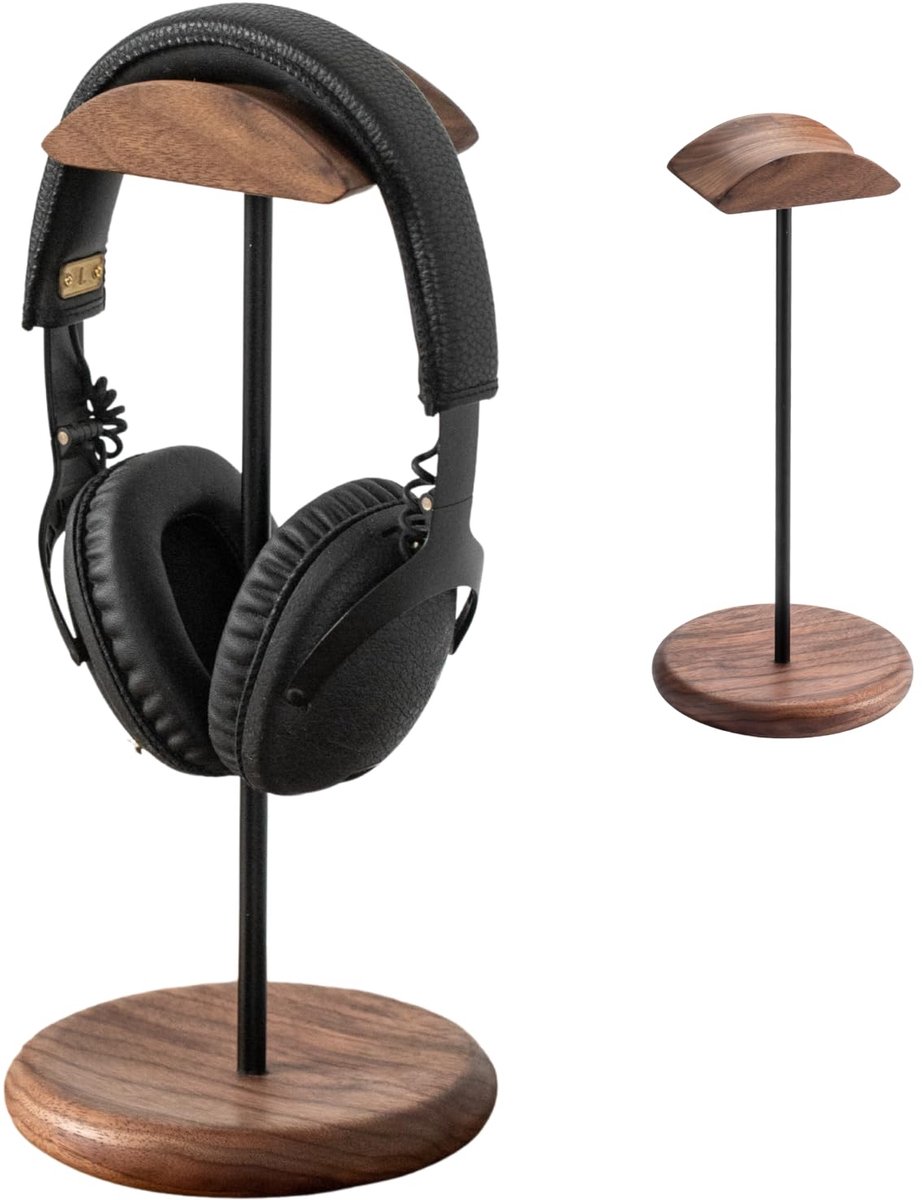 SnelShoppen - Muso Wood Hoofdtelefoonhouder - Walnoothouten Tafelstandaard met Aluminium, Stabiele Gaming Hoofdtelefoonstandaard, Duurzame Houten Houd