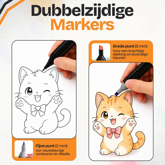 Een illustratie die de fijne punt (2 mm) en brede punt (6 mm) van dubbelzijdige markers toont, gebruikt om een kat te kleuren.