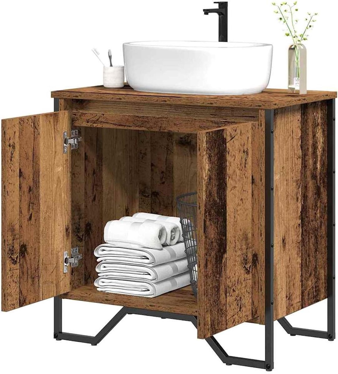 Wastafelmeubel Houtlook - Badkamermeubel Houtkleur - Badkamer Organisatie - Stabiele Stalen Poten - 60x35x60 cm - Antiek Hout