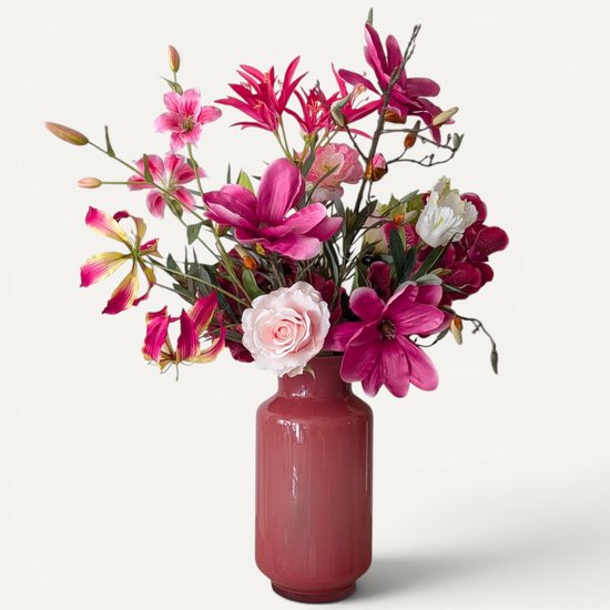 BLOOM & VESSEL Exclusief Zijden Boeket - Inclusief Glazen Vaas - Kleurrijk Veldboeket 13 Stelen- Kunstbloemen