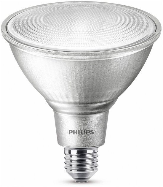 Philips LED lamp met zilverkleurige, taps toelopende behuizing en witte diffuser.