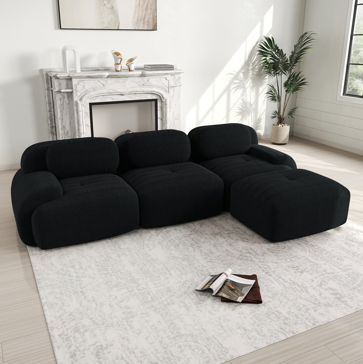 COVREO Hoekbank 298 x 178 x 70 cm - zwart corduroy, 3-zits, zonder montage