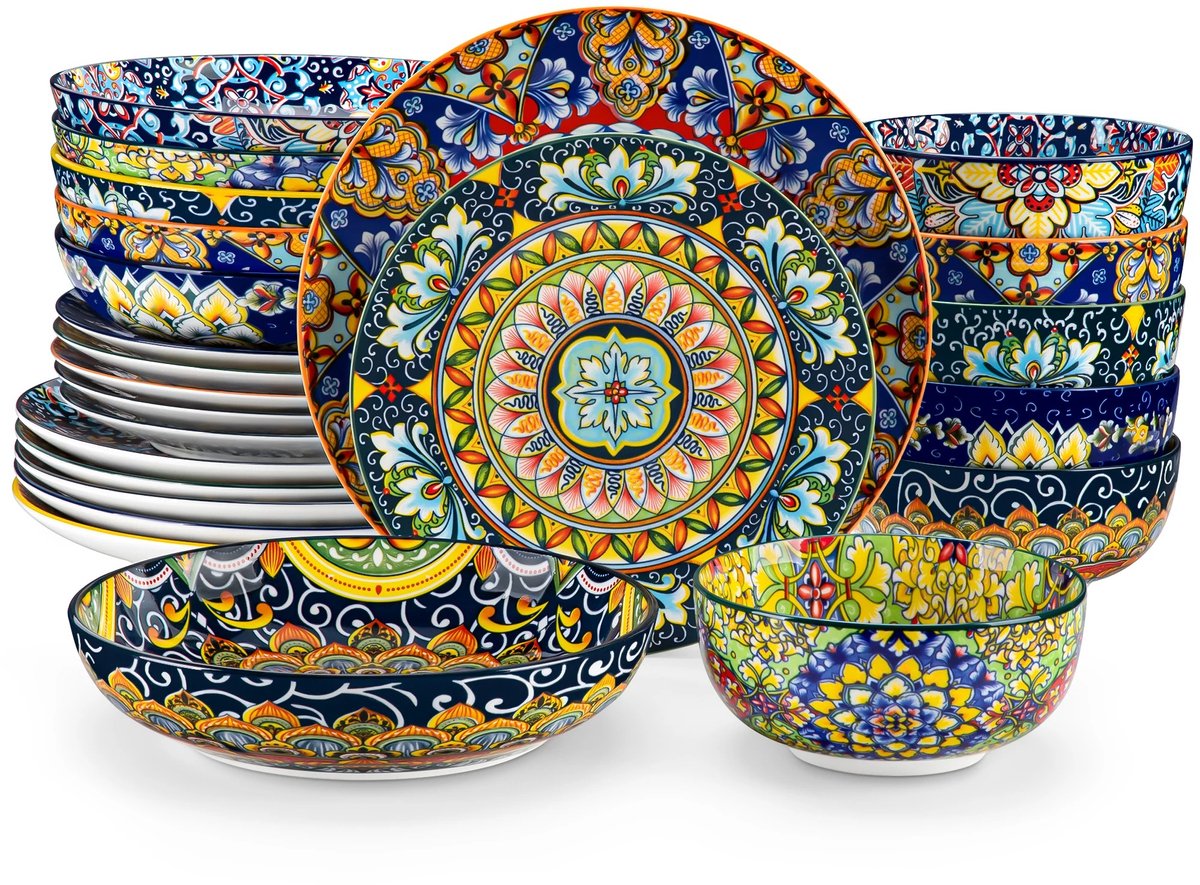 Stervia 24-delig Servies Set - Keramisch Servies - Bohemian Design - Borden/Kommen/Mokken/Dessert - Kleurrijk