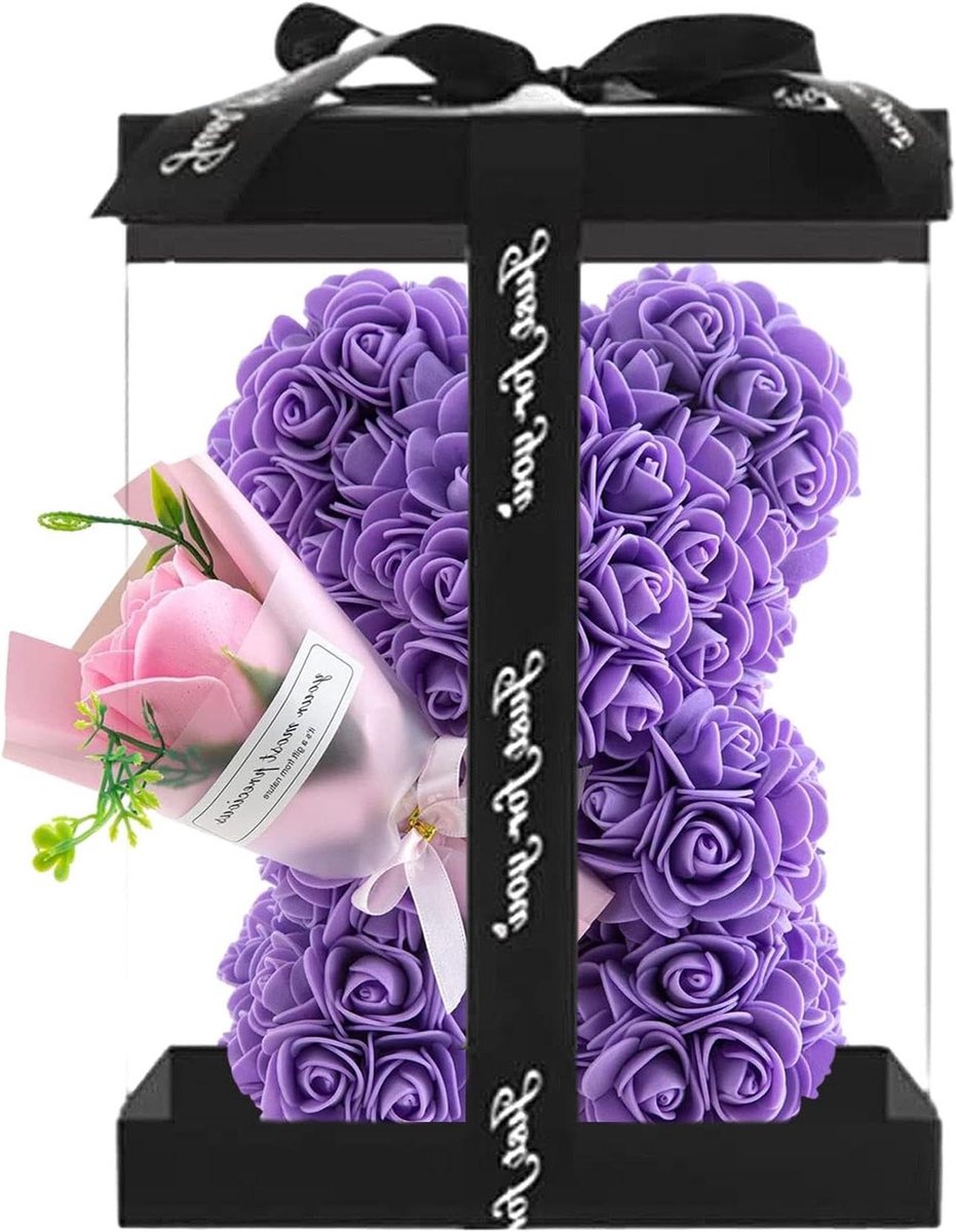 Rozen Beer - Bloemenbeer Bloem Beer - Decoratie Cadeau - Handgemaakt Honderden Rozen - 24 x 16 cm - Paars