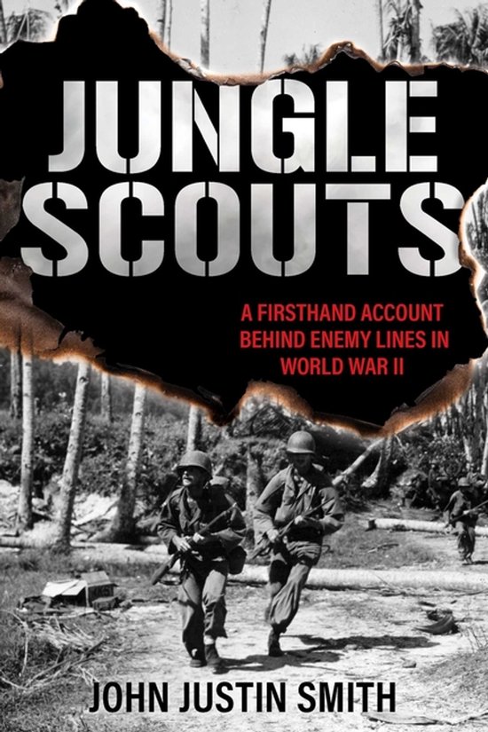Boekcover 'Jungle Scouts' met twee soldaten in de jungle, die gewapend zijn.