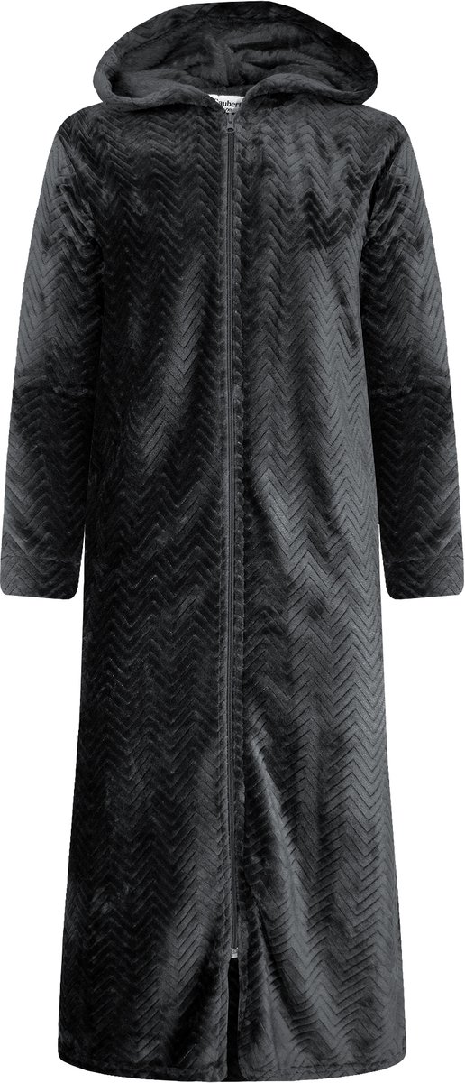 Extra Lange Dames Rits Badjas met Capuchon en Zijzakken - Ochtendjas - Superzacht Coral Fleece - Reliëf Visgraat Zwart - Maat XXL/3XL - 8207-Black