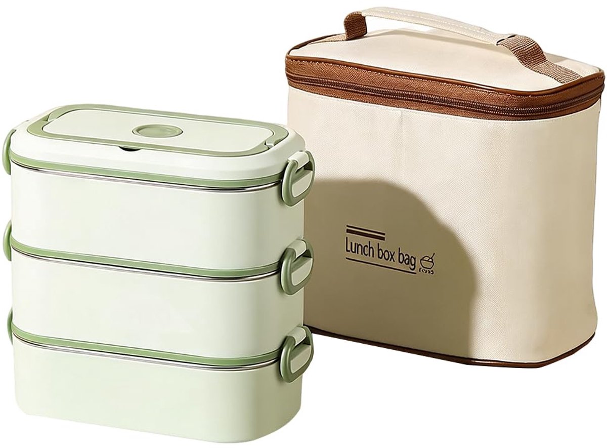 SnelShoppen - WXYDY Lunchbox voor Volwassenen, Lekvrije Bento-Box met Koeltas, 3-Laags Stapelbaar, Bestek en Vakken, Kaki/Groen, 2700 ml, Perfect voor