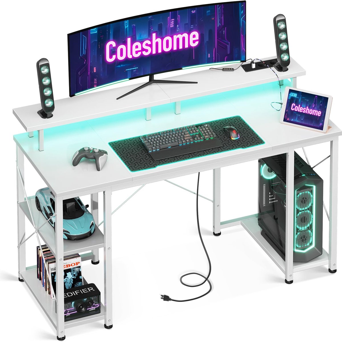 SnelShoppen - Coleshome Gamingtafel met LED-verlichting 120x50cm - Gamingbureau met 2 stopcontacten, 2 USB-poorten, monitorstandaard en opbergruimte -