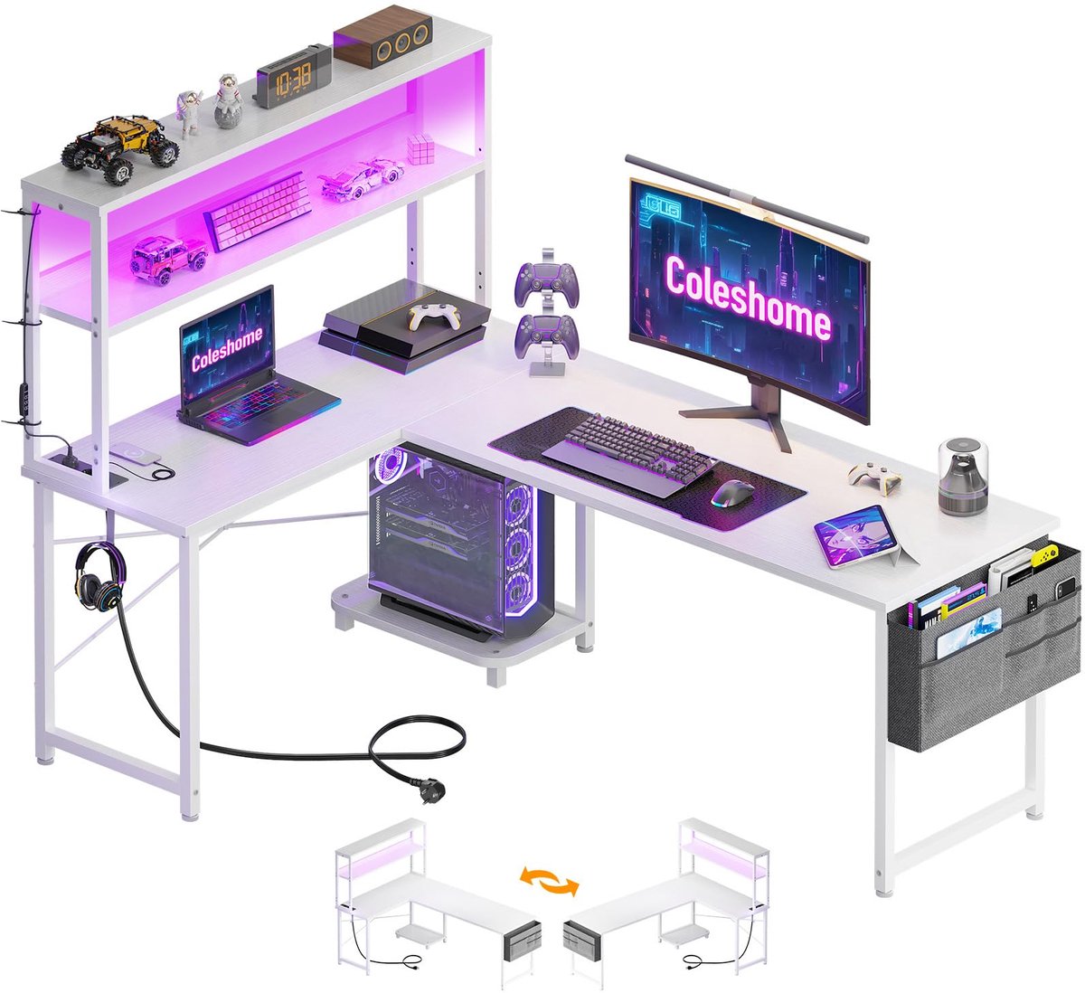 SnelShoppen - L-vormig Gamingbureau met LED Verlichting, Stopcontacten en Planken, Reversibel Gamerbureau in Wit 155x100cm, Hörnbureau met Opbergtas e