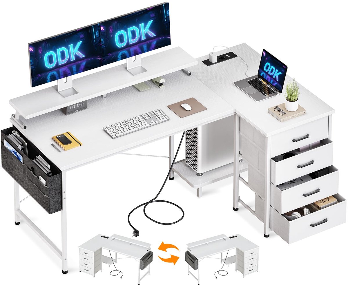 SnelShoppen - ODK Hoekbureau L-Vormig Bureau met 2 USB-laadpunten, 2 Stopcontacten, Omkeerbaar Computerbureau met 4 Laden en Schermplank voor Thuiswer