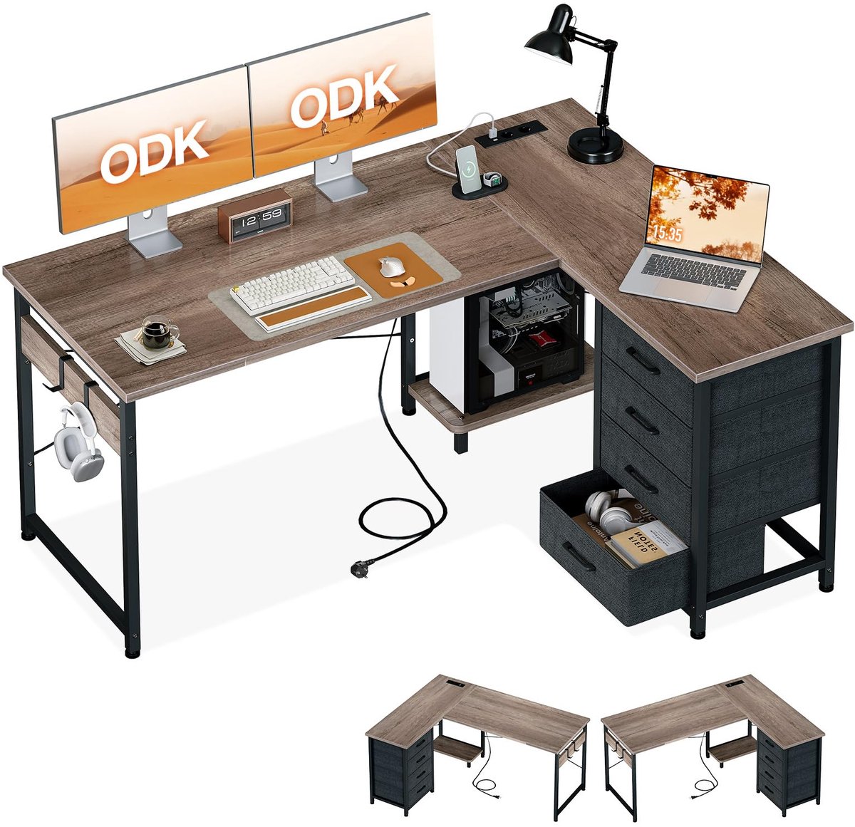 SnelShoppen - ODK Hoekbureau met Lades 135x100cm L-vormig Bureau met Stopcontacten USB-Oplaadpoort Omkeerbaar Bureau voor Thuiskantoor Grijze Eik
