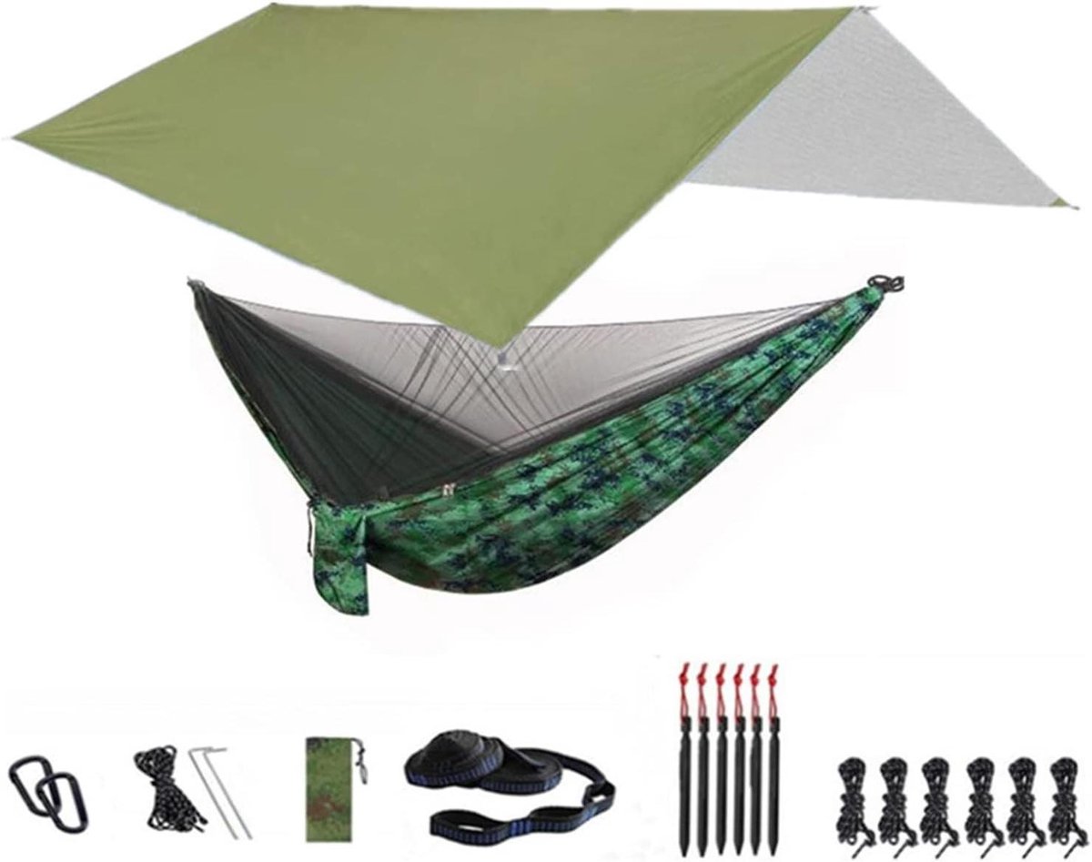 Hangmat met Net - Kampeerhangmat Schommel - Ontspannen Buiten - Inclusief Regenfly Tarp - 118 x 118 inch - Groen Camouflage