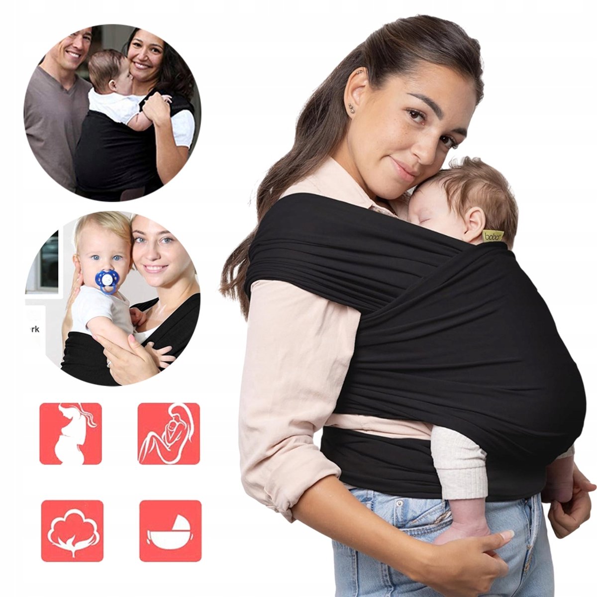 Baby Draagdoek Met Ademende Zweetabsorberende Band Voor Op Reis - Ergonomisch Vermindert De Belasting Van Rug En Schouders Geschikt Voor Pasgeborenen Tot 16 kg - Zwart