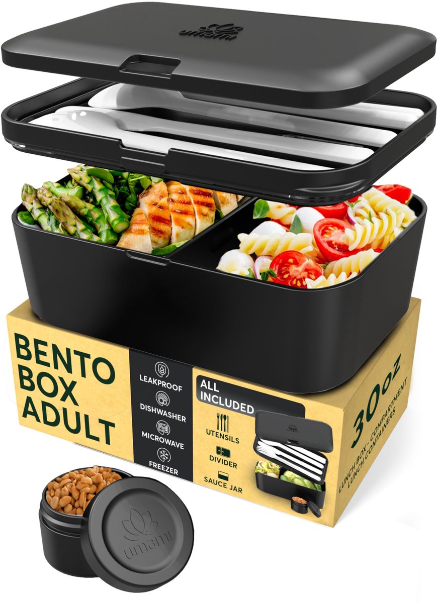 SnelShoppen - Umami Lunchbox voor Volwassenen, Lekvrij en Nestbaar, Bento Box met 4 Vakken en Bestek, Broodtrommel voor Kantoor en Picknick, Onyx Zwar