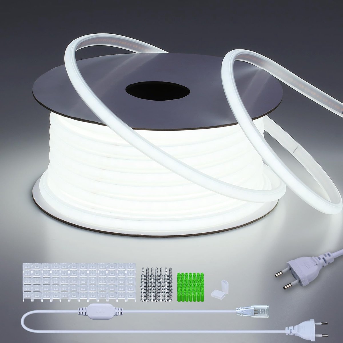 SnelShoppen - 30M Waterdichte COB LED Strip Light 230V - 6000K Koel Wit - Super Helder 300W - IP65 Flexibel voor Tuin, Slaapkamer, Commercieel Gebruik