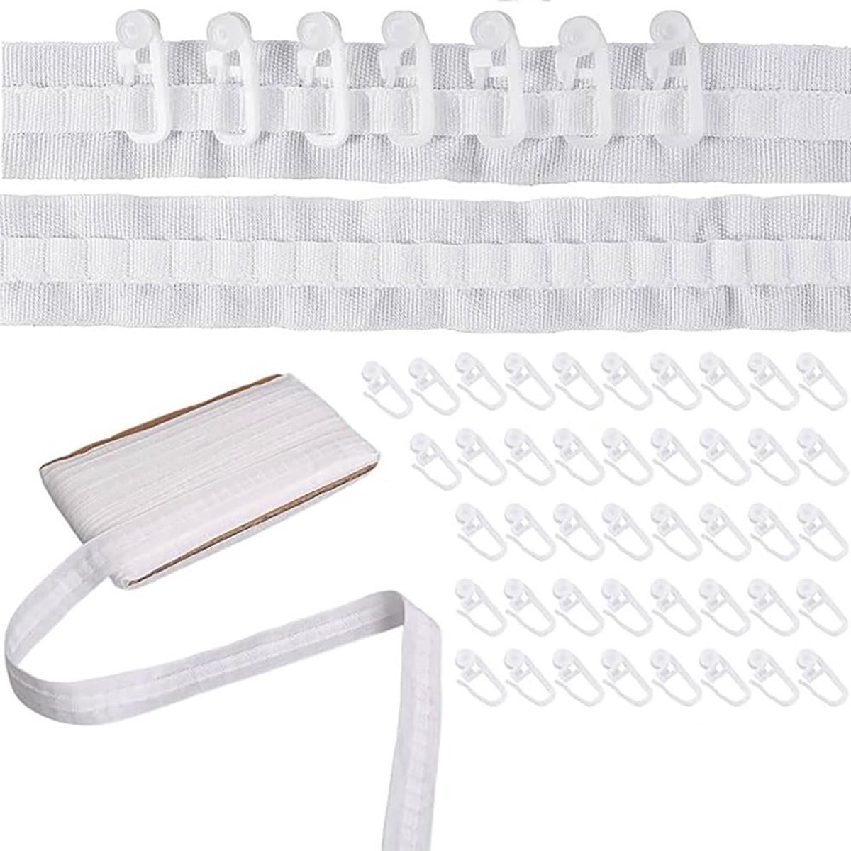 Dailygoods - Gordijnband Rimpelband 30m x 2.5cm met 50 Plastic Gordijnhaken