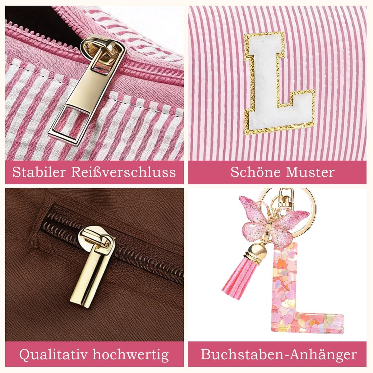 Dailygoods - Gepersonaliseerde Roze Cosmetische Tas met Vlinder Kwastje Sleutelhanger - Make-up Tas voor Meisjes