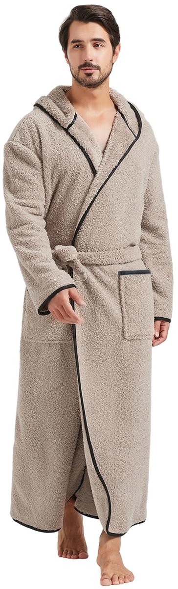 SnelShoppen - Luxe Plusch Badjas Heren met Capuchon - Volledige Lengte Winter Badjas 400g - Taupe - 5X-Large-6X-Large - Perfect voor Thuis en Ontspann