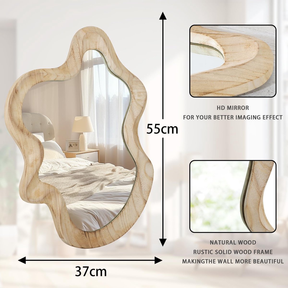 SnelShoppen - Grote asymmetrische wandspiegel met houten frame, unieke artistieke wanddecoratie voor badkamer, slaapkamer, woonkamer, entree, hal, nat