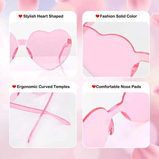 10 Stks Roze Hart Bril Randloze Hart Zonnebril Gekleurde Liefde Party Bril Multipack Transparante Kleurrijke Mode Funky Eyewear voor Vrouwen Mannen — afbeelding 4