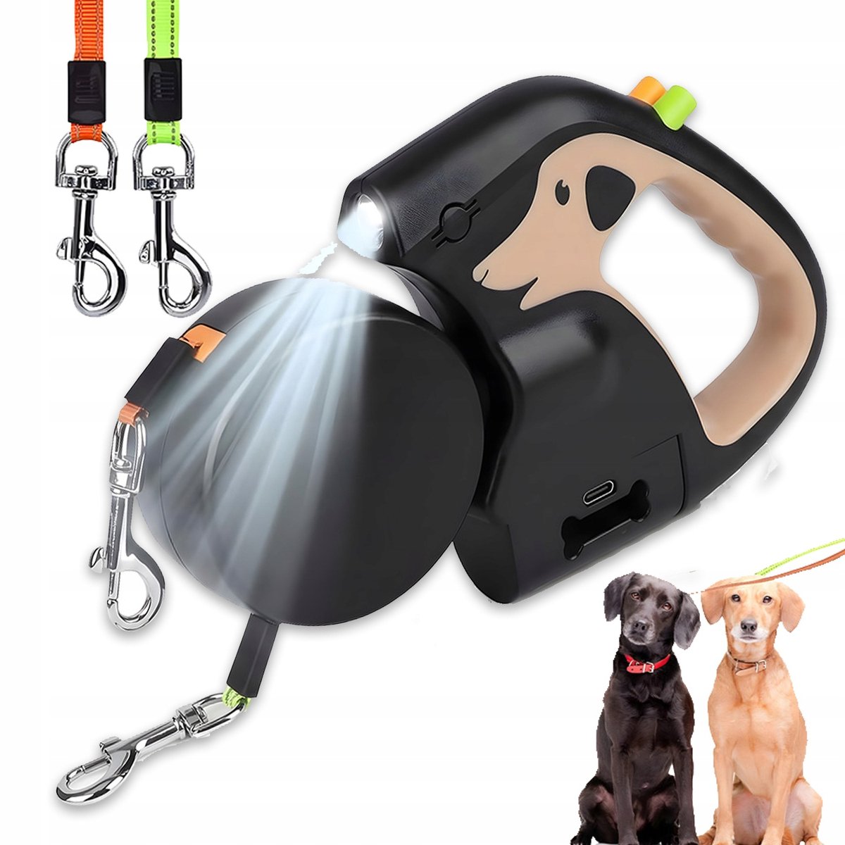 2 in 1 Hondenriem - Telescopische Hondenriem - Uitschuifbare Hondenriem - Stevige Hondenlijn - 2 Honden - 360° Anti-klit - 3m - Met Oplaadbare Zaklamp - Voor Kleine Honden - Automatisch Telescopisch