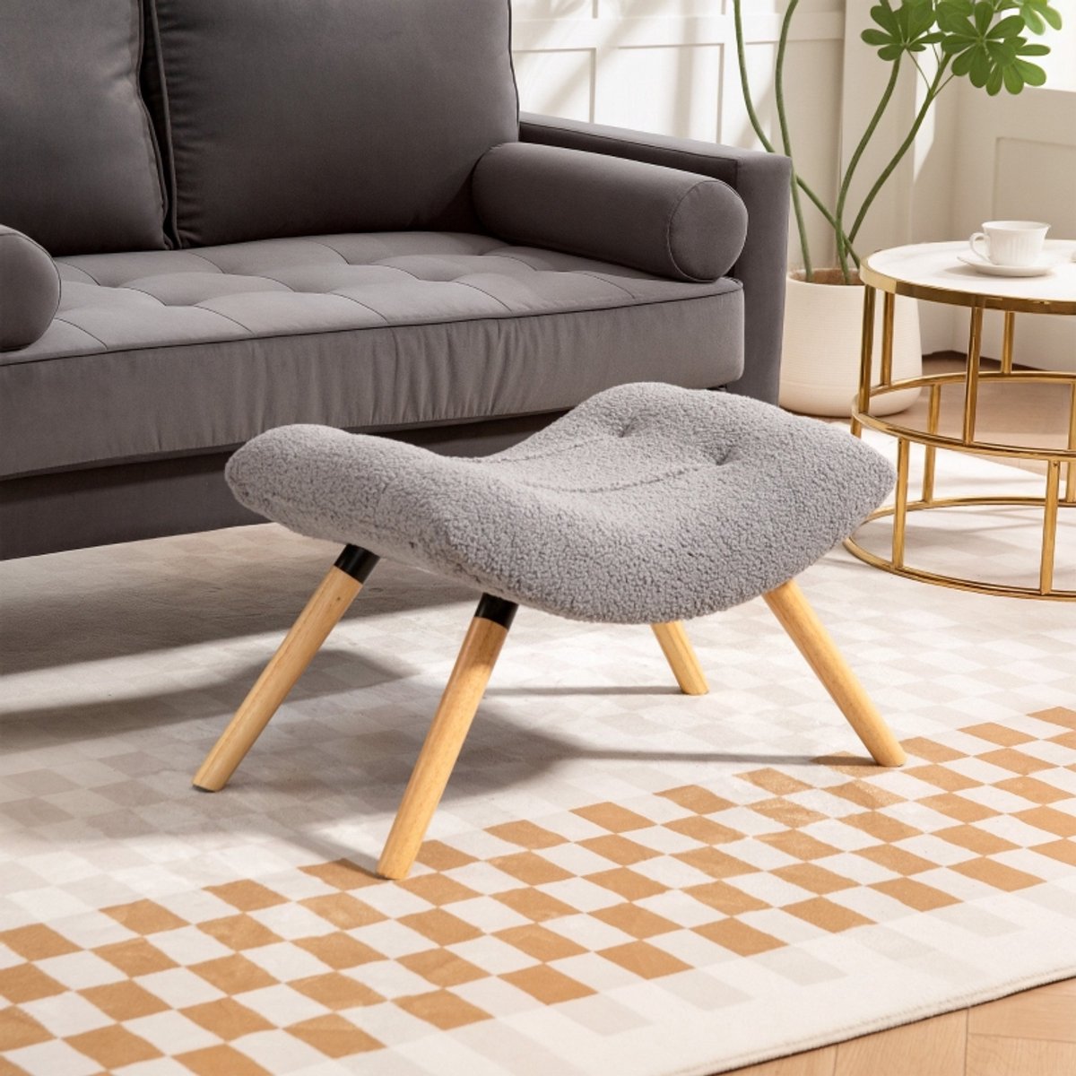 COVREO Hocker 67x45x38 cm hellgrau stof, met houten poten voor woonkamer