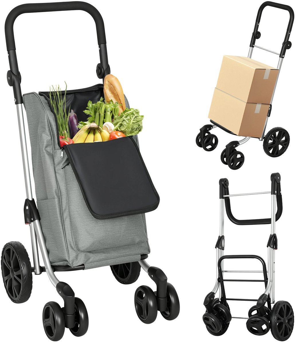 Atlasyx boodschappentrolley - Trolley boodschappenwagen - Boodschappenkar - Winkelwagen - 6 wielen - 46 liter inhoud - Grijs