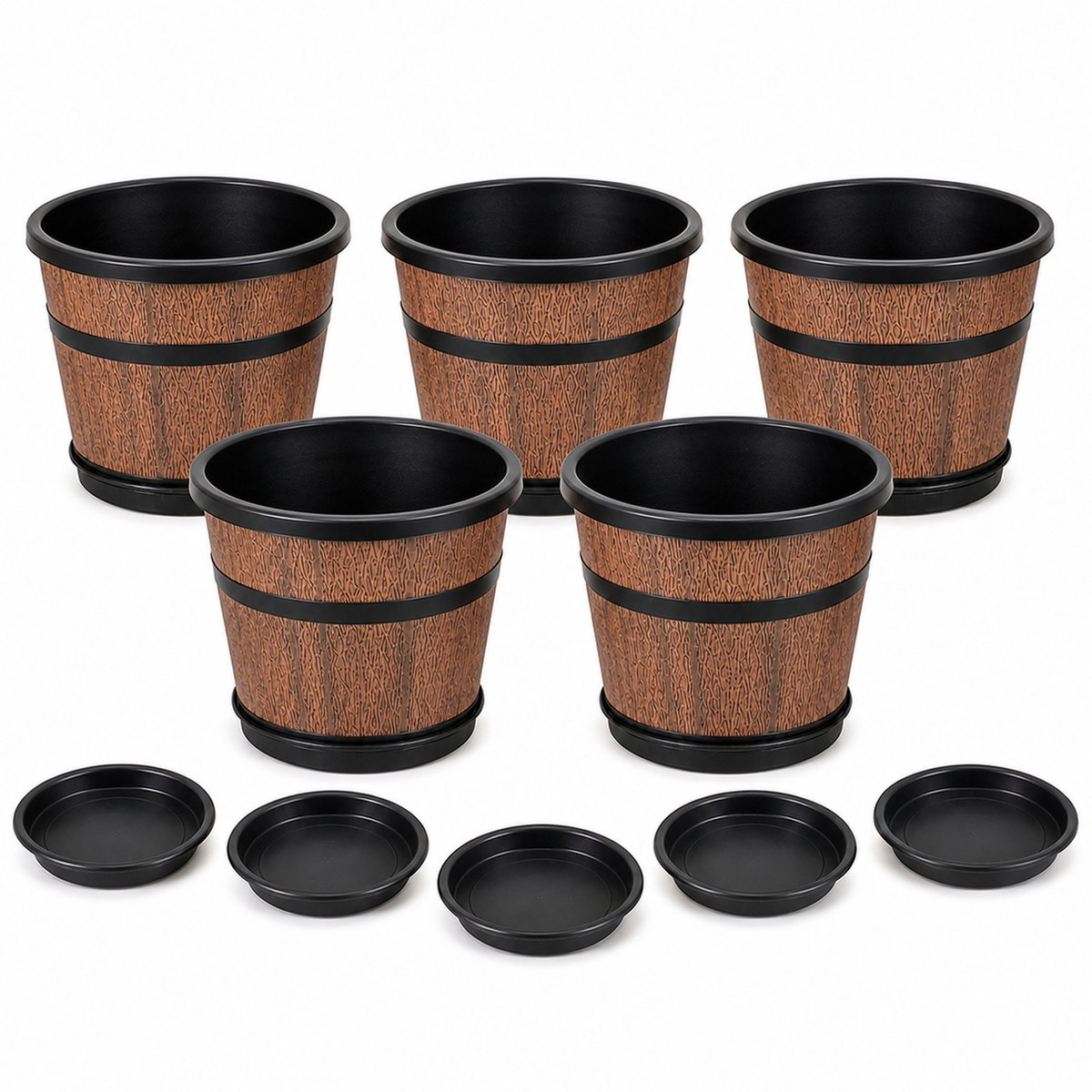 JustValue Bloempotten met Wijnvatlook - Set van 5 - Ø 25,4 cm - Met Onderschotels - Bruin en Zwart