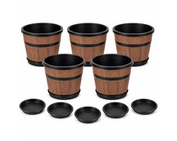 JustValue Bloempotten met Wijnvatlook - Set van 5 - Ø 25,4 cm - Met Onderschotels - Bruin en Zwart