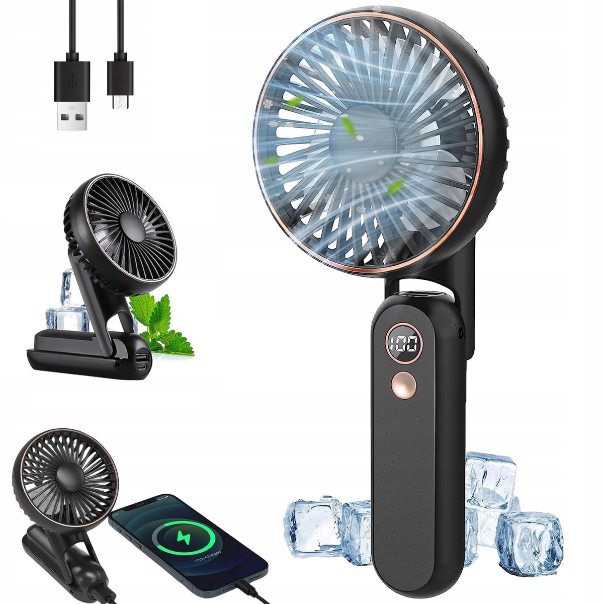 Mini Handventilator - Kleine Ventilator - Draagbare Nekventilator - 180° Opvouwbare - Hand & Bureau & Nekventilator - 5 Standen & LED Display & Draagkoord - Oplaadbaar - Stille Motor - Voor Thuis & Kantoor & Reis & Buiten