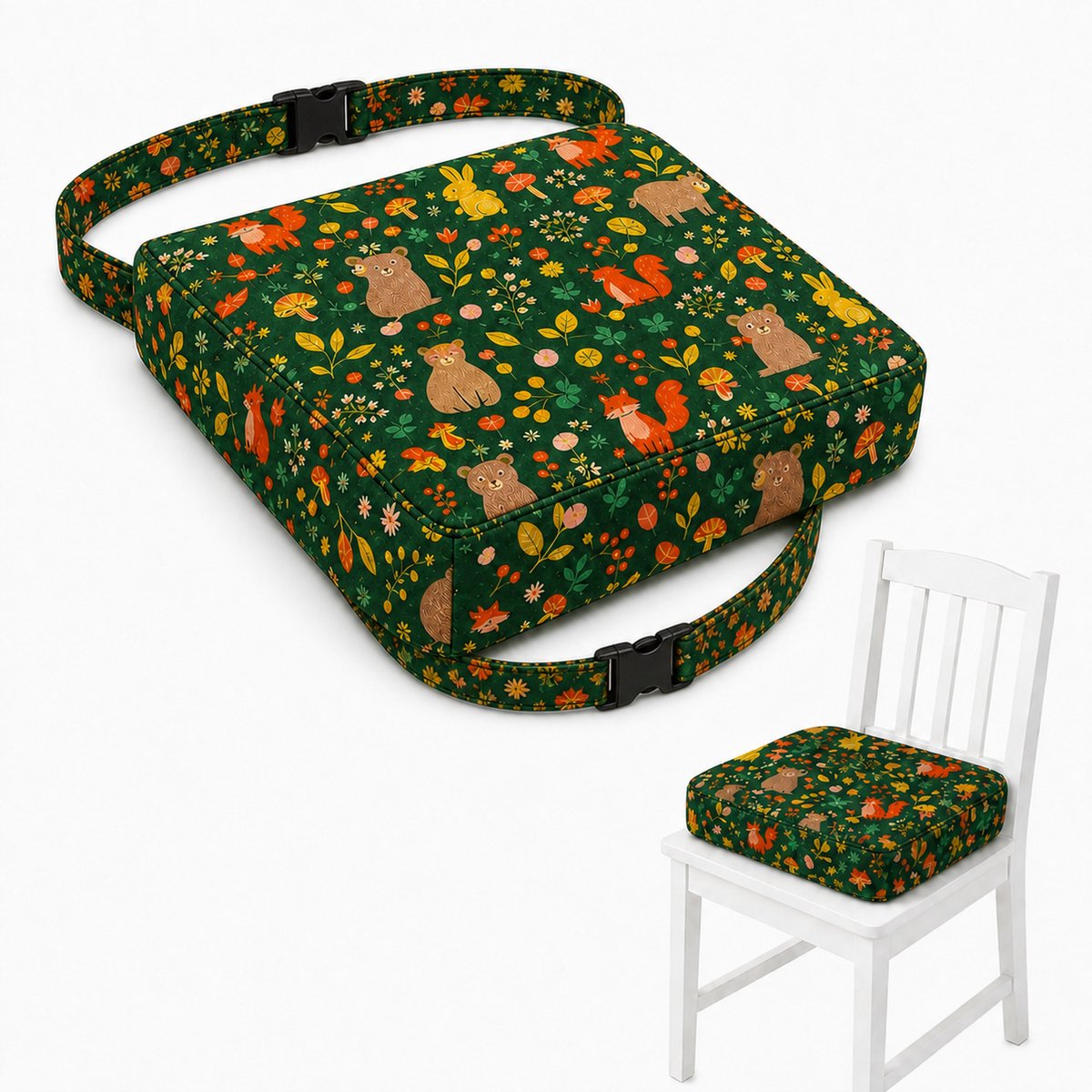 JustValue stoelverhoger kind - Groene dierenprint - 32 x 32 x 9 cm - Zitverhoger eetkamerstoel met 2 riemen