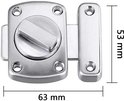 Zilveren roestvrijstalen deurgrendel, 63 mm breed, 53 mm hoog, geborsteld metaal.