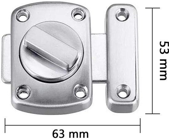 Zilveren roestvrijstalen deurgrendel, 63 mm breed, 53 mm hoog, geborsteld metaal.