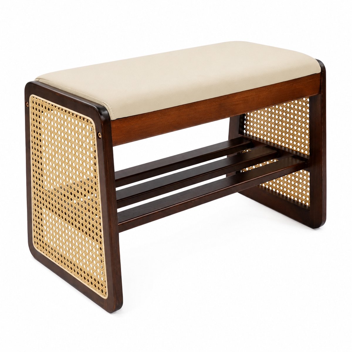 Seth Select Schoenenbank 60 cm - Zitbank hal - Halbankje met opbergruimte - Rieten schoenenrek - Houtenn schoenenrek -Bruin
