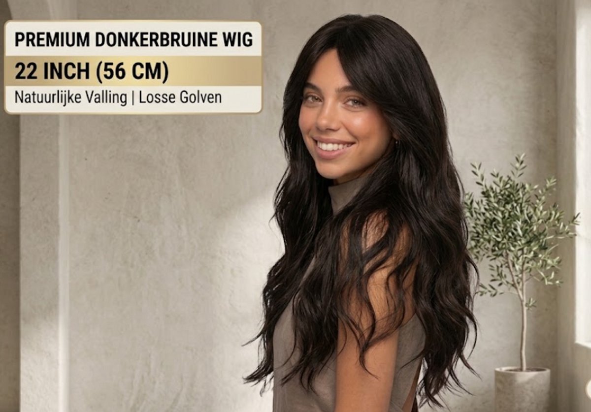 nifkos Luxe Donkerbruine Pruik / Wig – 56 cm (22 Inch) – Natuurlijke Losse Slag / Golvend Haar – Ademend & Verstelbaar – Donkerbruin