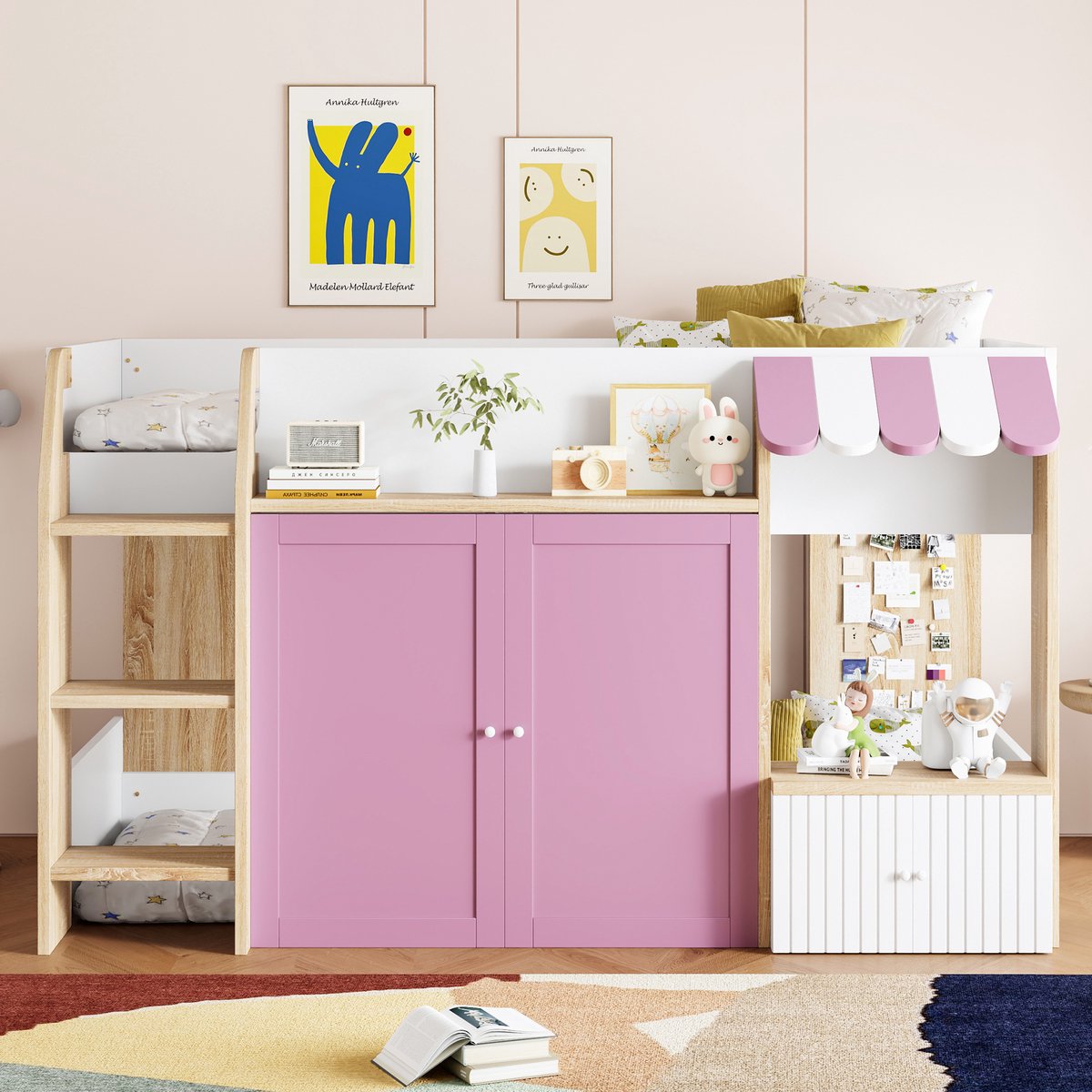 COVREO Hoogslaper met huisvorm en brede ladder – 90x200 cm – Kinderbed van hout, multiplex en MDF – met opbergruimte en speelplek onder het bed – Wit roze houtkleur - zonder matras