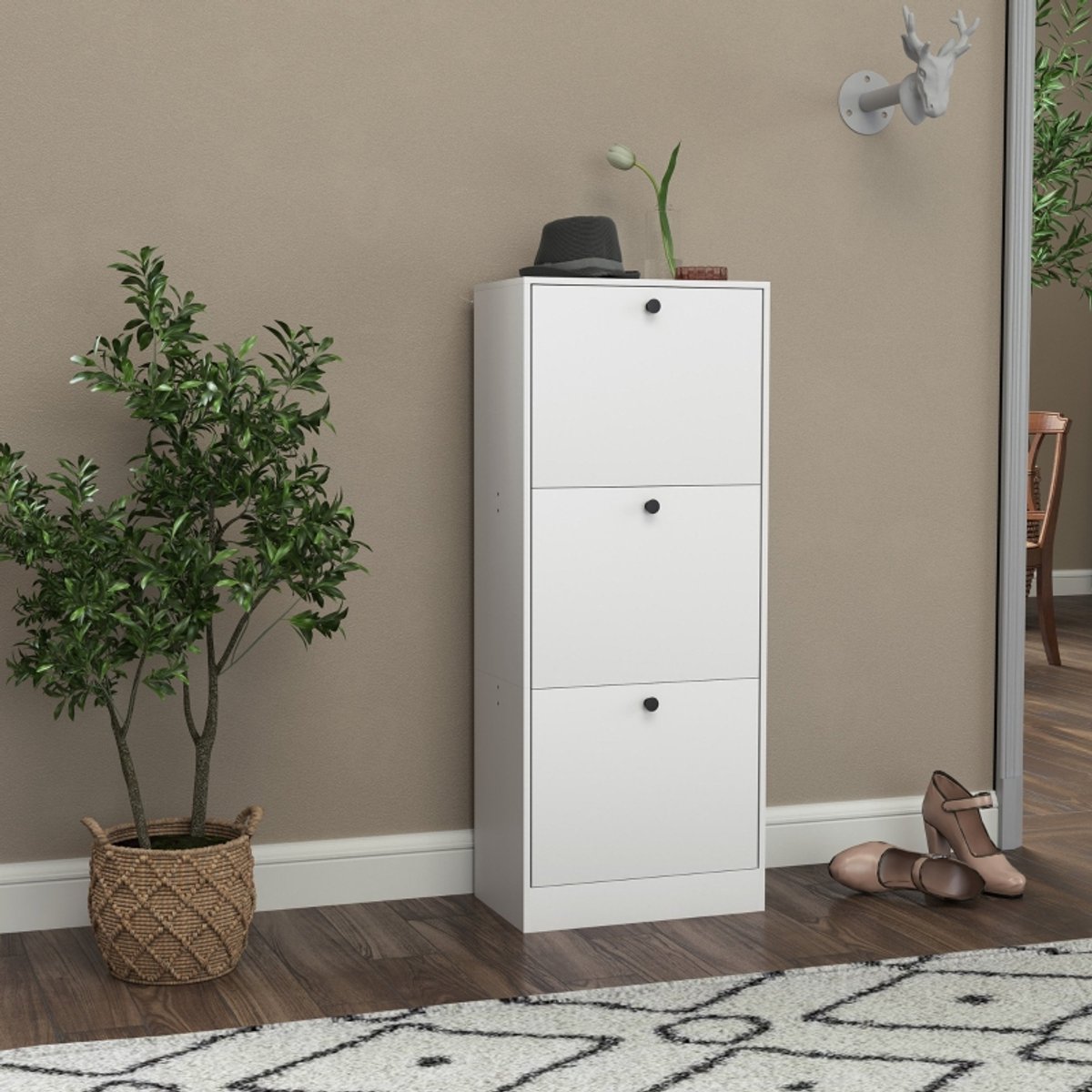 COVREO Schoenenkast 47x28x115 cm wit spaanplaat, 3 kleppen voor 12 paar
