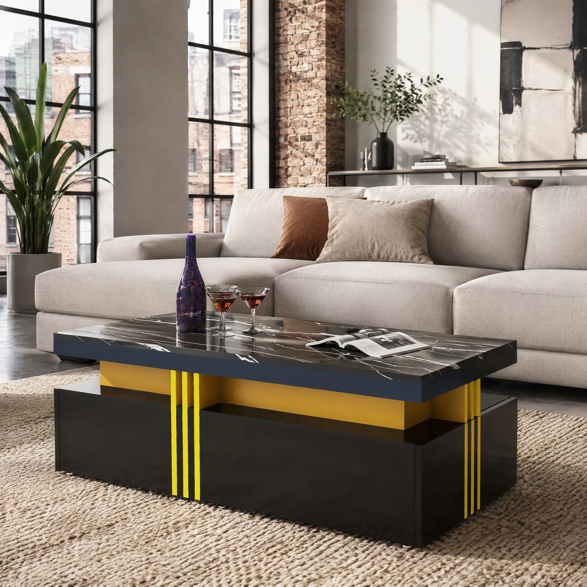 COVREO Salontafel 100x50x40 cm zwart, hoogglans marmerlook, 2 lades