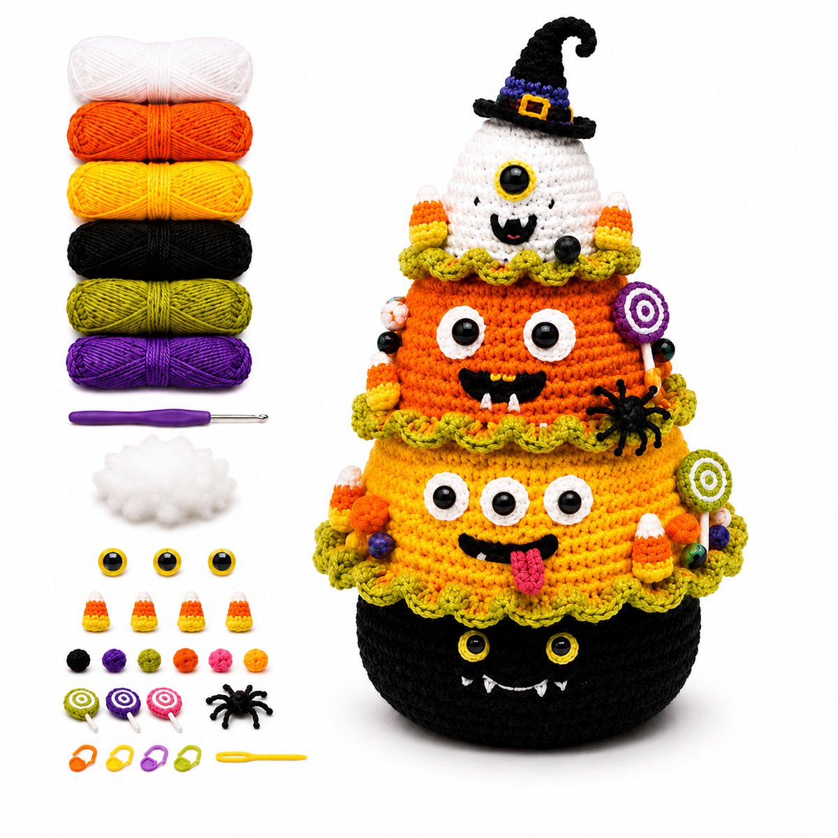 DIY-haakset voor een Halloween-boompje – Inclusief decoraties in de vorm van een spook, pompoen, heks en maïskolf – Speelse knutselset voor de herfst – Perfect als seizoensgebonden tafeldecoratie – Ontwerp met maïskolf