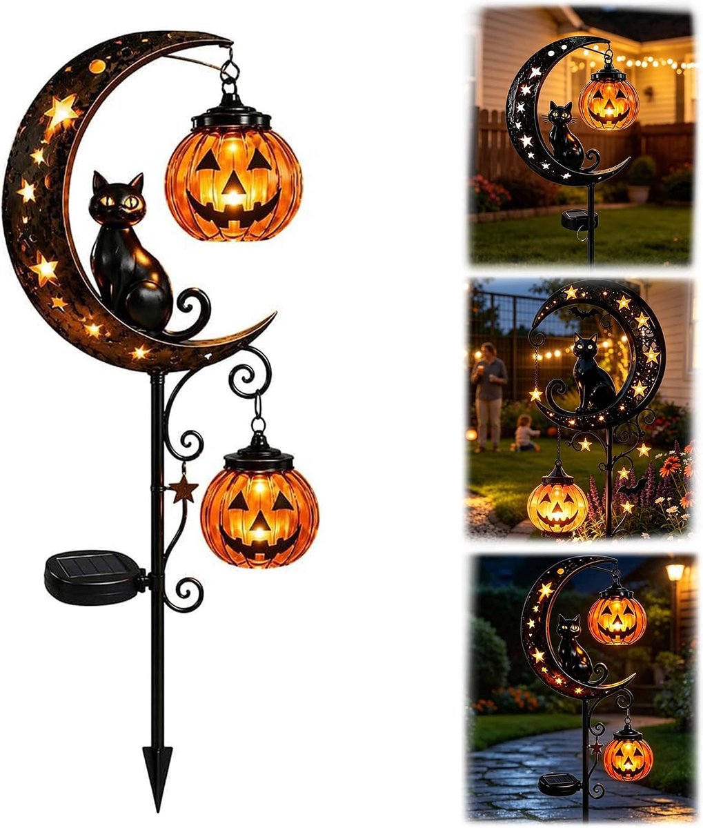 Tuinsteker met pompoen en maan – Tuinverlichting op zonne-energie – Halloween-Grondspot met zwarte kat, pompoen en maan – Halloween-buitendecoratie voor tuinen, terrassen, gazons en tuinpaden